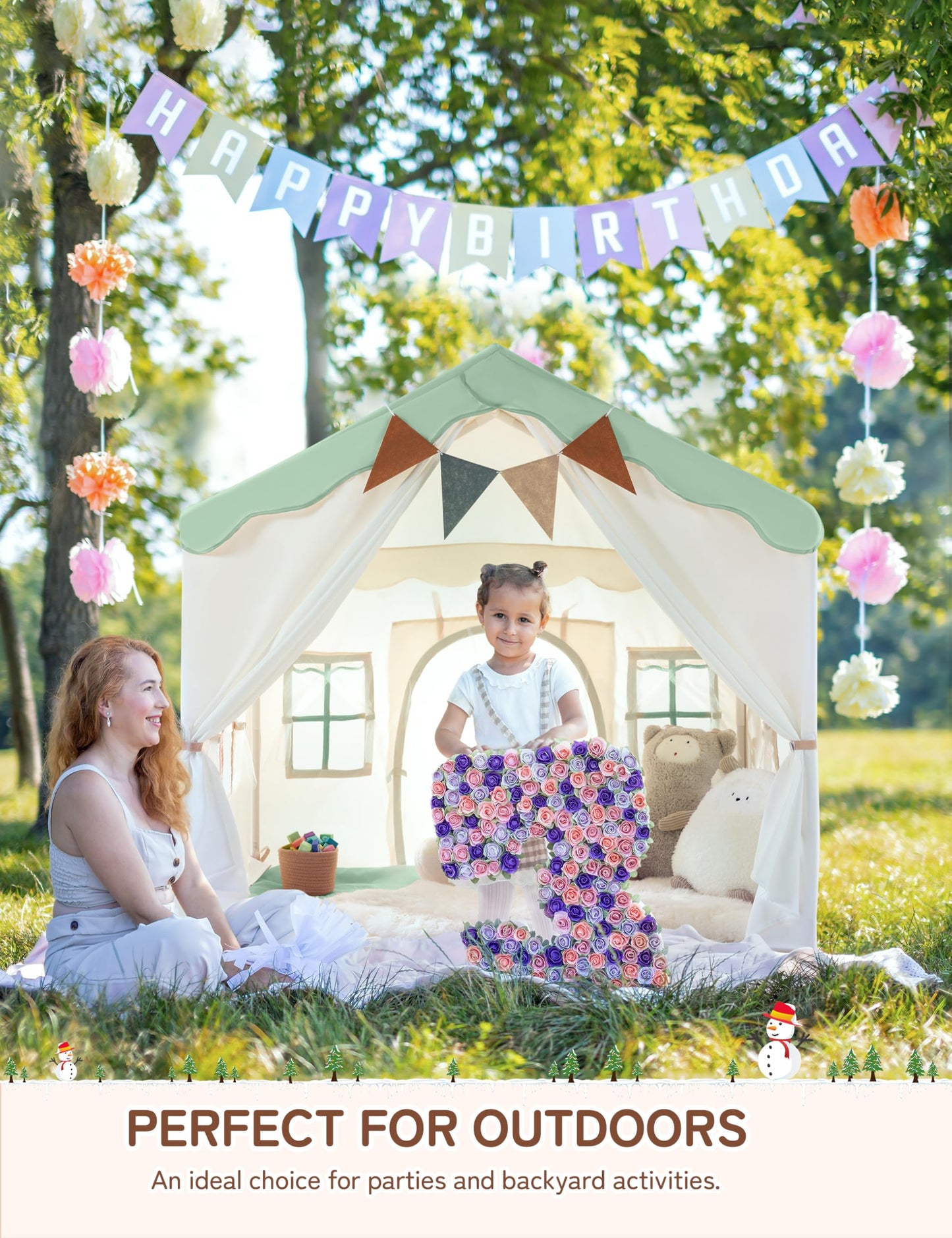 Besrey 2-in-1 kids play house tent with lights, pad, and two doors, green princess-themed indoor toddler tent for boys and girls.