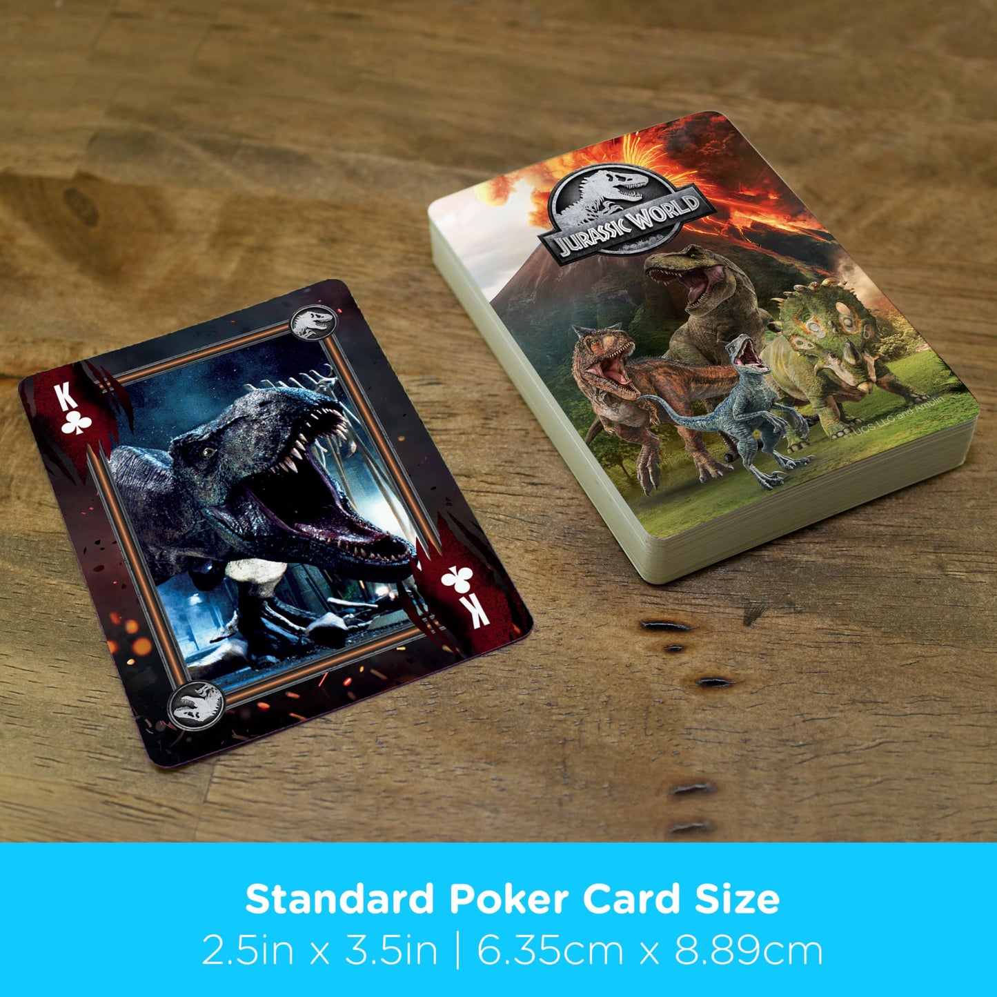 AQUARIUS Jurassic World playing cards featuring dinosaur illustrations, official Jurassic World merchandise, on a white background.