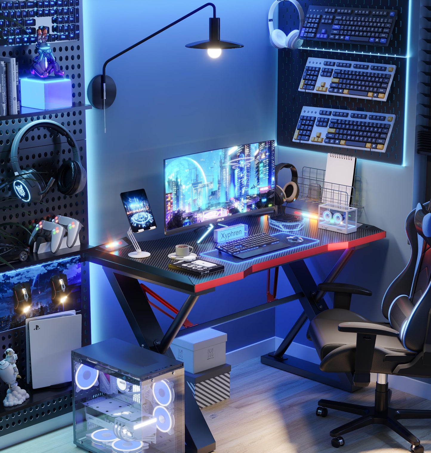 Xyphren 100 * 55 cm Gaming Desk with LED Lights, Gaming Table Thickened Z Shaped, Gamer Desk with Carbon Fiber Coated, Gaming PC Desk, Computer Desk Easy to Assemble, Carbon Fiber Black