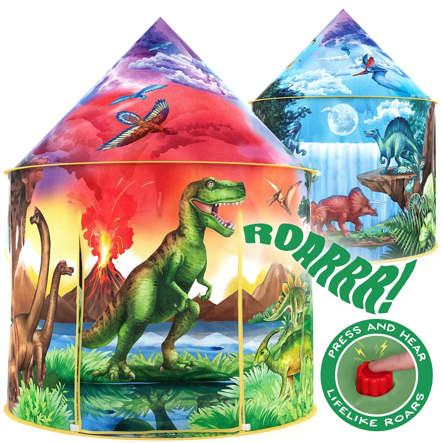 W&O Dinosaur Discovery Play Tent with roar button, featuring a colorful dinosaur design, perfect for indoor and outdoor kids' adventures.