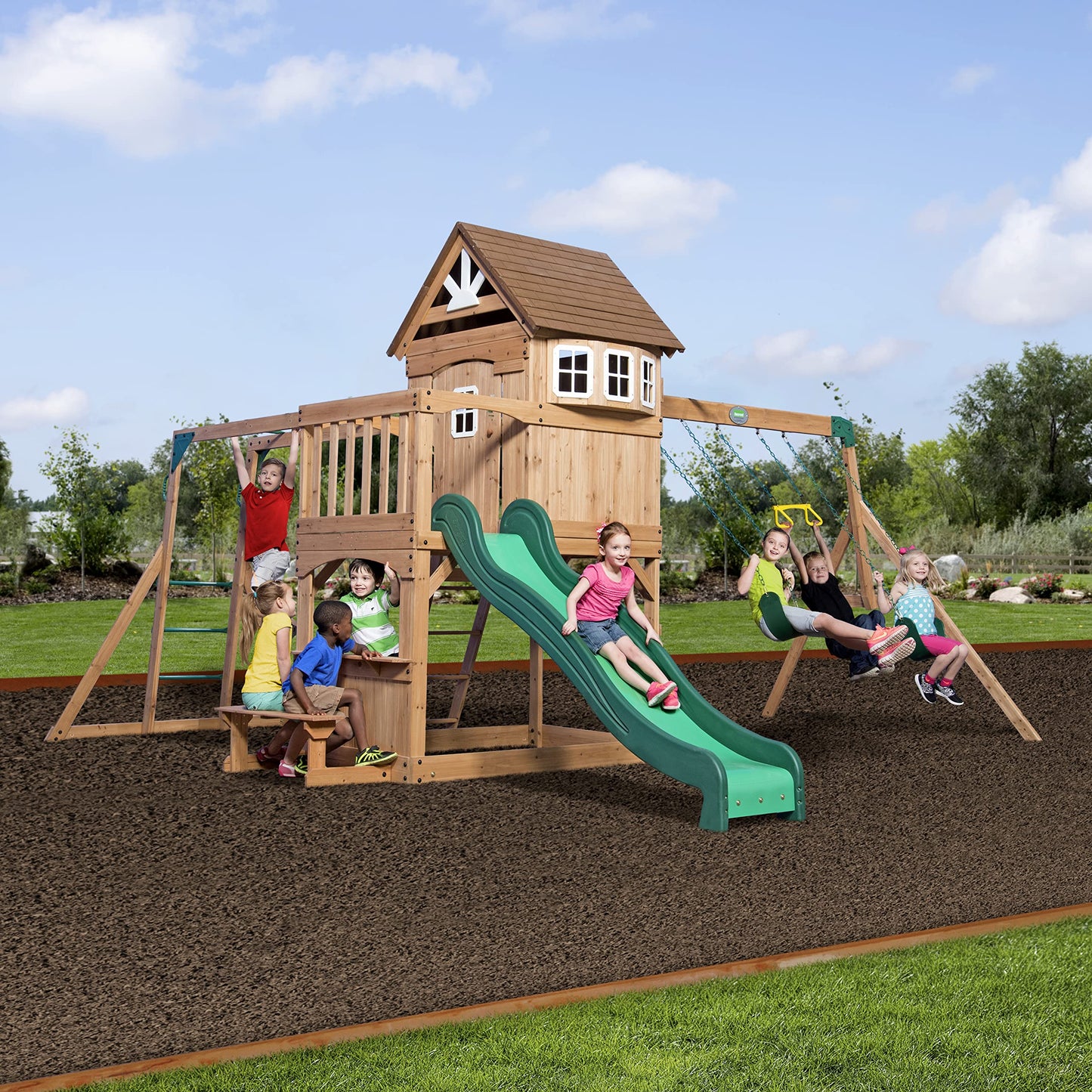 Backyard Discovery Montpelier 100% Cedar Wood Swing Set | Outdoor Playground for Kids | Garden Climbing Frame for Children | 1 Trapeze and 2 Belt Swings | 2.4m Wave Slide | Moneky Bars