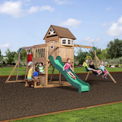 Backyard Discovery Montpelier 100% Cedar Wood Swing Set | Outdoor Playground for Kids | Garden Climbing Frame for Children | 1 Trapeze and 2 Belt Swings | 2.4m Wave Slide | Moneky Bars