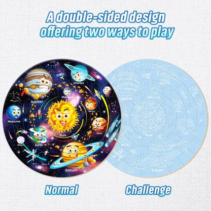 Giant solar system floor jigsaw puzzle by SYNARRY showing colorful space planets, astronauts, and space-themed design for kids.