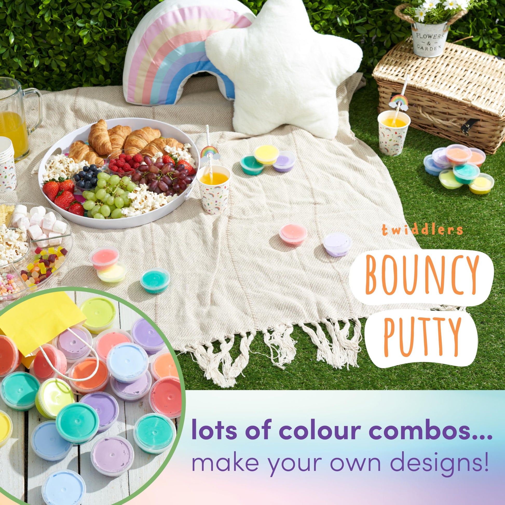 Colorful bouncing slime putty tubs from THE TWIDDLERS, vibrant fidget toys perfect for kids' slime party bag fillers.