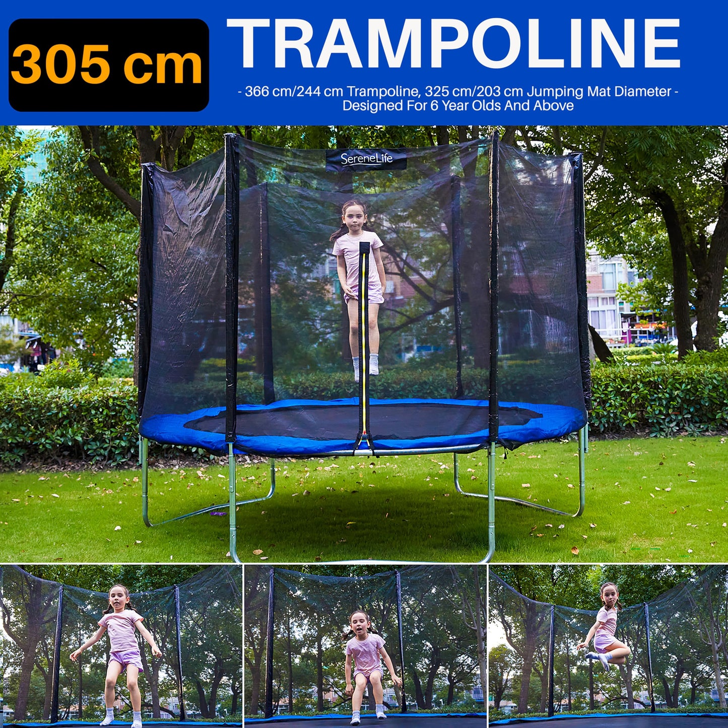 SereneLife Outdoor Trampoline for Kids and Adults - 8ft 10ft 12ft - ASTM Certified Heavy Duty Garden Trampoline with Safety Poles Netting and Stable Rustproof Frame