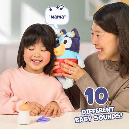 Bluey Cuddle And Care Baby, Nurture, Feed, and Soothe Baby, 28 CM Electronic Plush Toy With 10 Different Sounds, With 2 Accessories and Removable Diaper