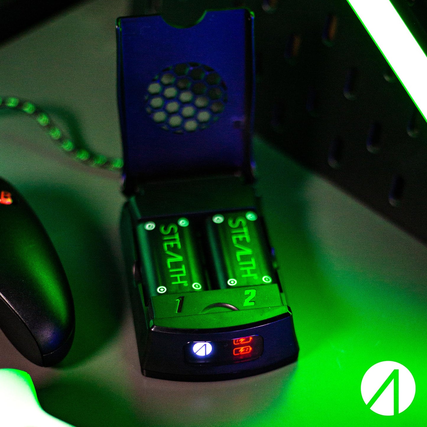 STEALTH SX-C10 X Twin rechargeable battery packs for Xbox Series X controllers, shown connected and ready for gaming.