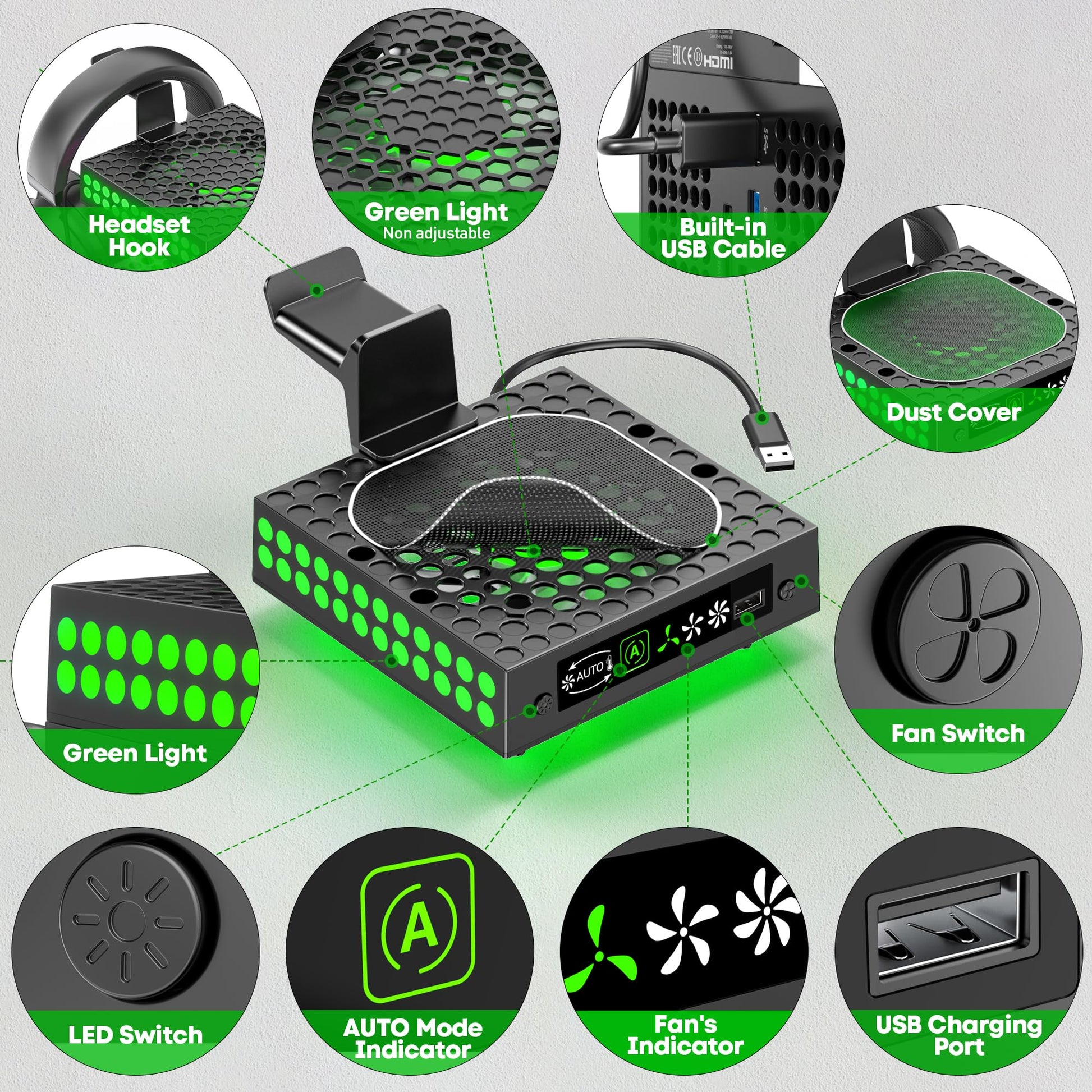 Kosker Xbox Series X cooling fan dust cover with 9 RGB lights, auto mode, adjustable fan, cooling stand, and headset holder.