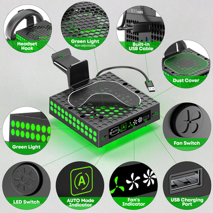 Kosker Xbox Series X cooling fan dust cover with 9 RGB lights, auto mode, adjustable fan, cooling stand, and headset holder.