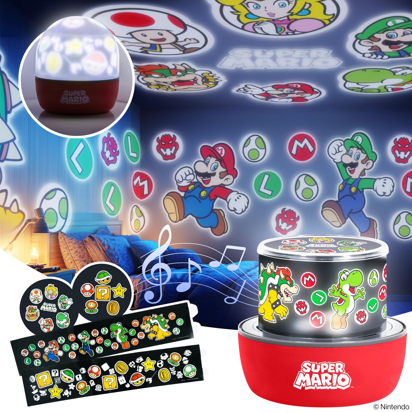 Paladone Super Mario projection light displaying Mario scene with colorful mood lighting and interchangeable images.