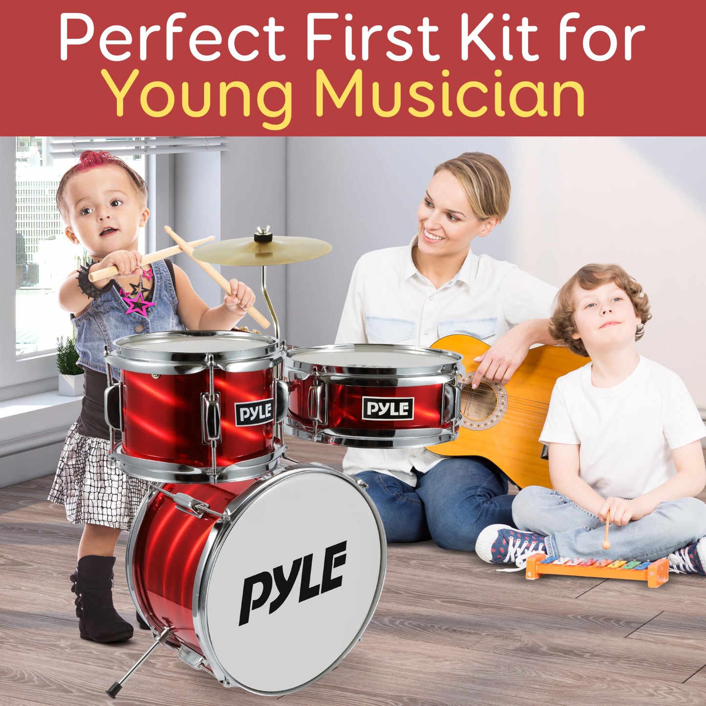 Pyle kids drum kit with wooden shells, bass pedal, snare, tom, cymbal, adjustable seat, and lightweight drumsticks for ages 5-7.