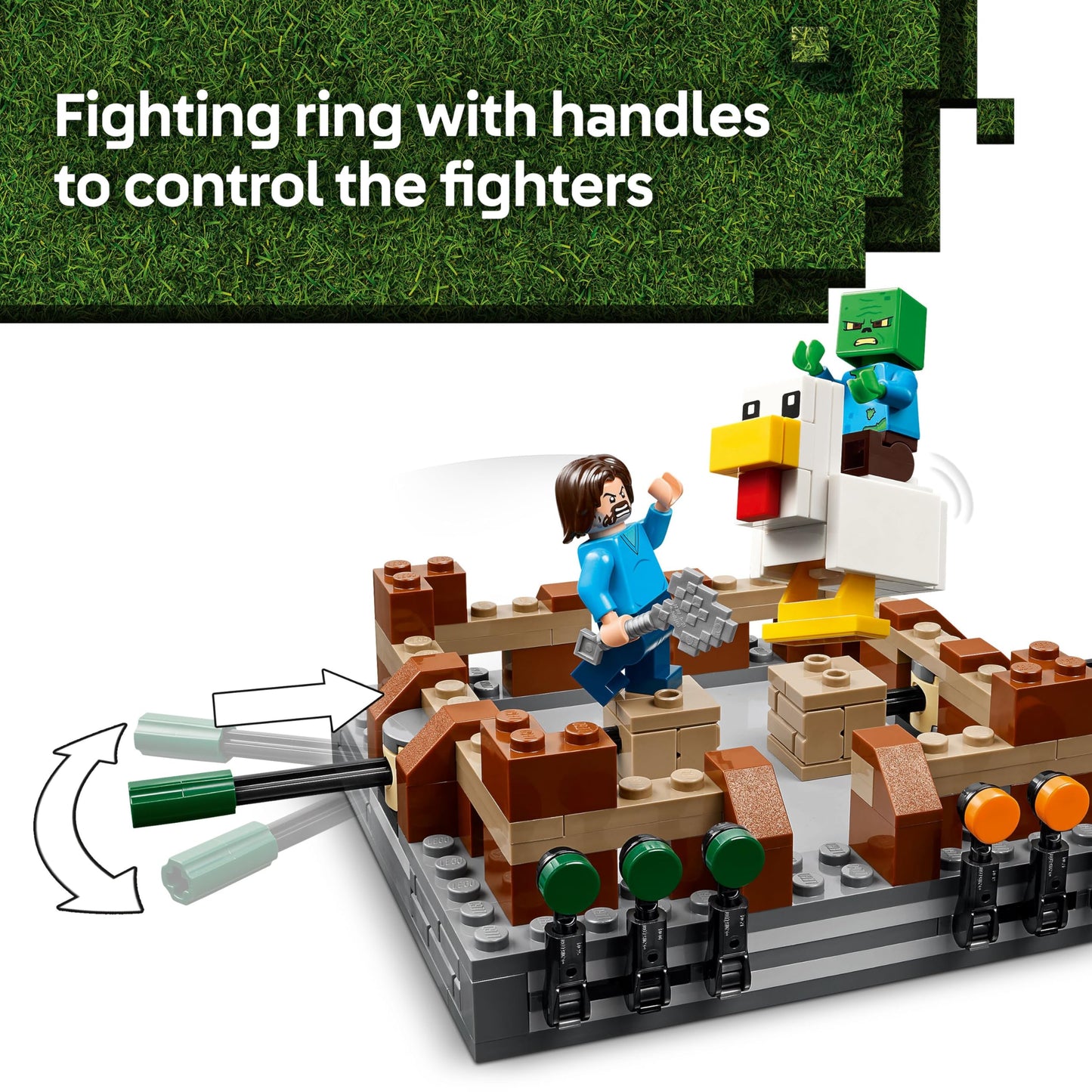 LEGO Minecraft Woodland Mansion Fighting Ring set with Steve, Garret, Henry minifigures and baby zombie in action.