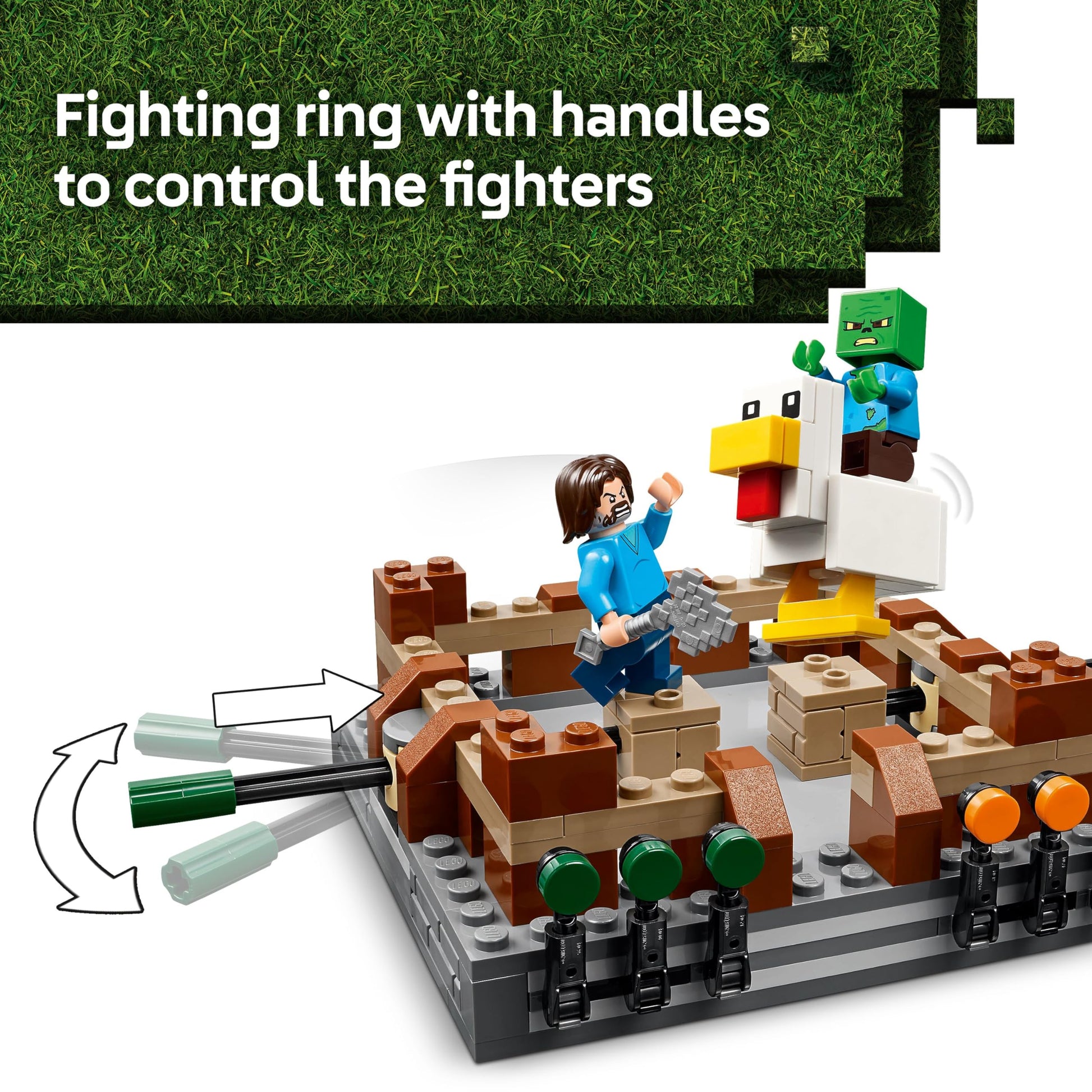 LEGO Minecraft Woodland Mansion Fighting Ring set with Steve, Garret, Henry minifigures and baby zombie in action.
