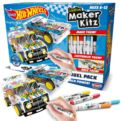 BLADEZ Hot Wheels Custom Racers, DIY Twin Pack, Make Your Own/Build Your Own, Pull Back Vehicles for kids, Customisable with pens and stickers, Creative Maker Kitz by Bladez Toyz