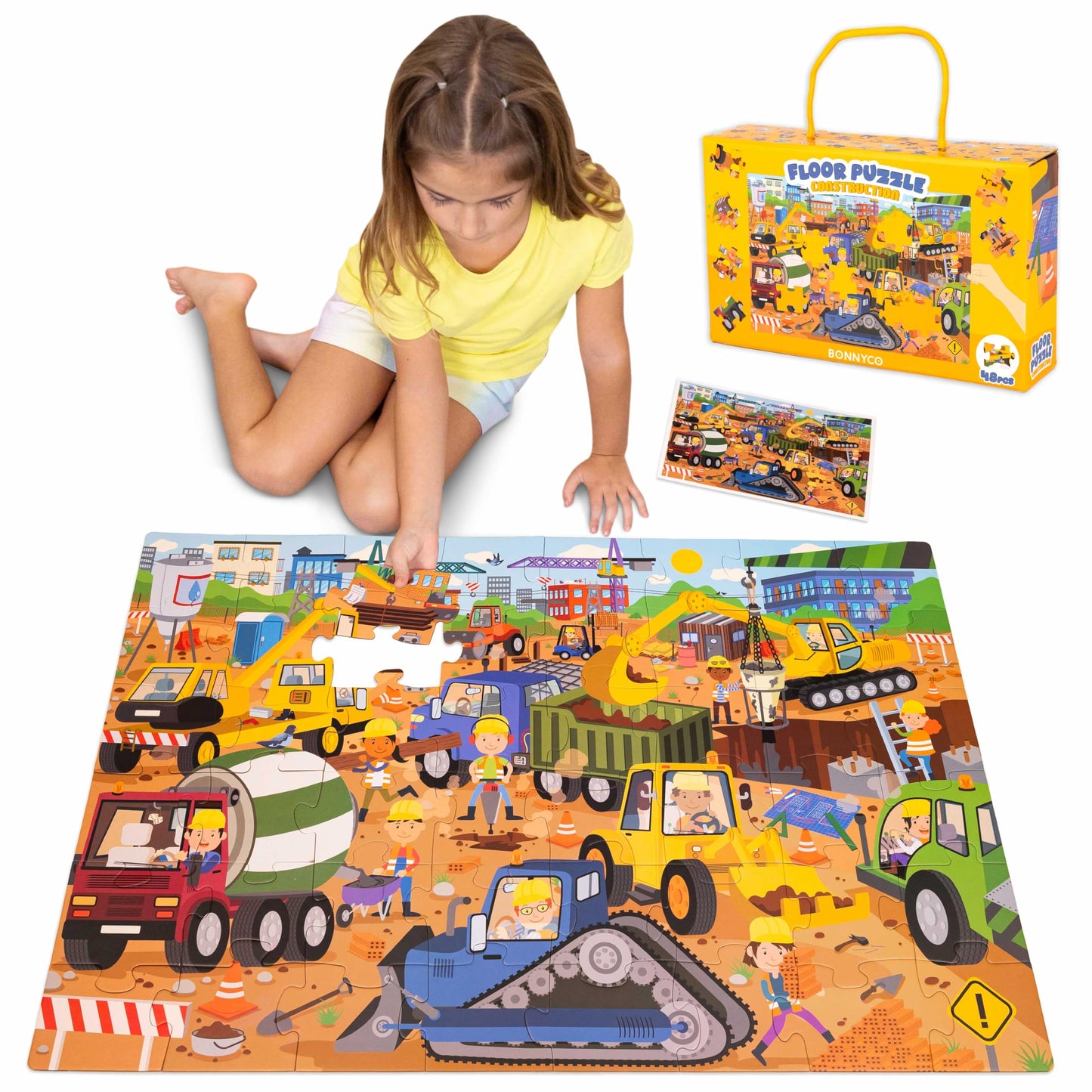 BONNYCO Giant Floor Puzzle Construction Site with 48 Large Pieces. Jigsaw Puzzles for Kids 36.2 x 24.4 in, Gifts for Boys and Girls, Educational Toys Ages 2-8