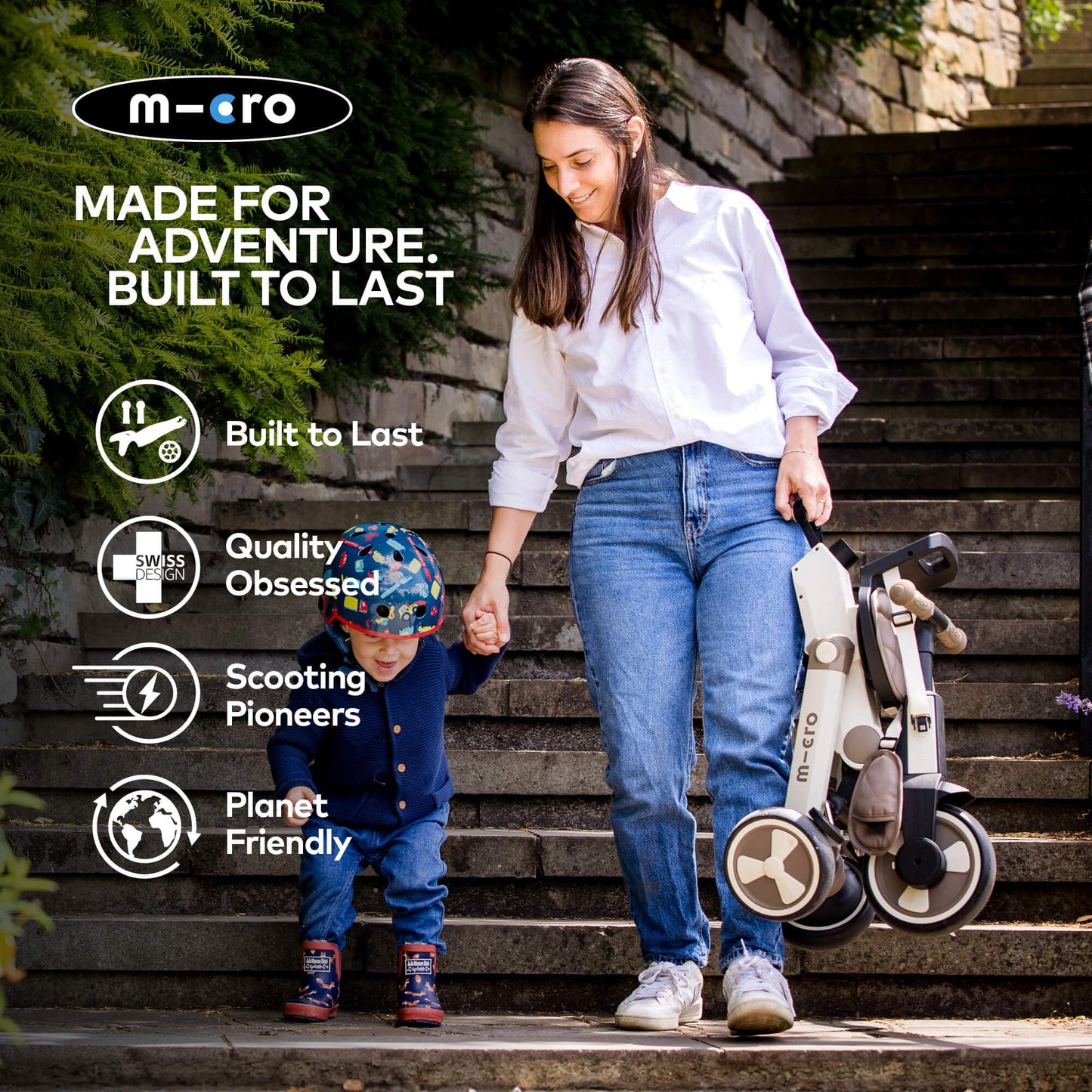 Latte brown Micro FlexiTrike foldable toddler tricycle with parent handle and 360-degree rotation for kids 6+ months.