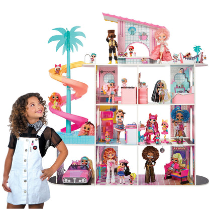 L.O.L. Surprise! OMG Fashion House Playset featuring a wooden dollhouse with pool, slide, and rooftop patio for kids.