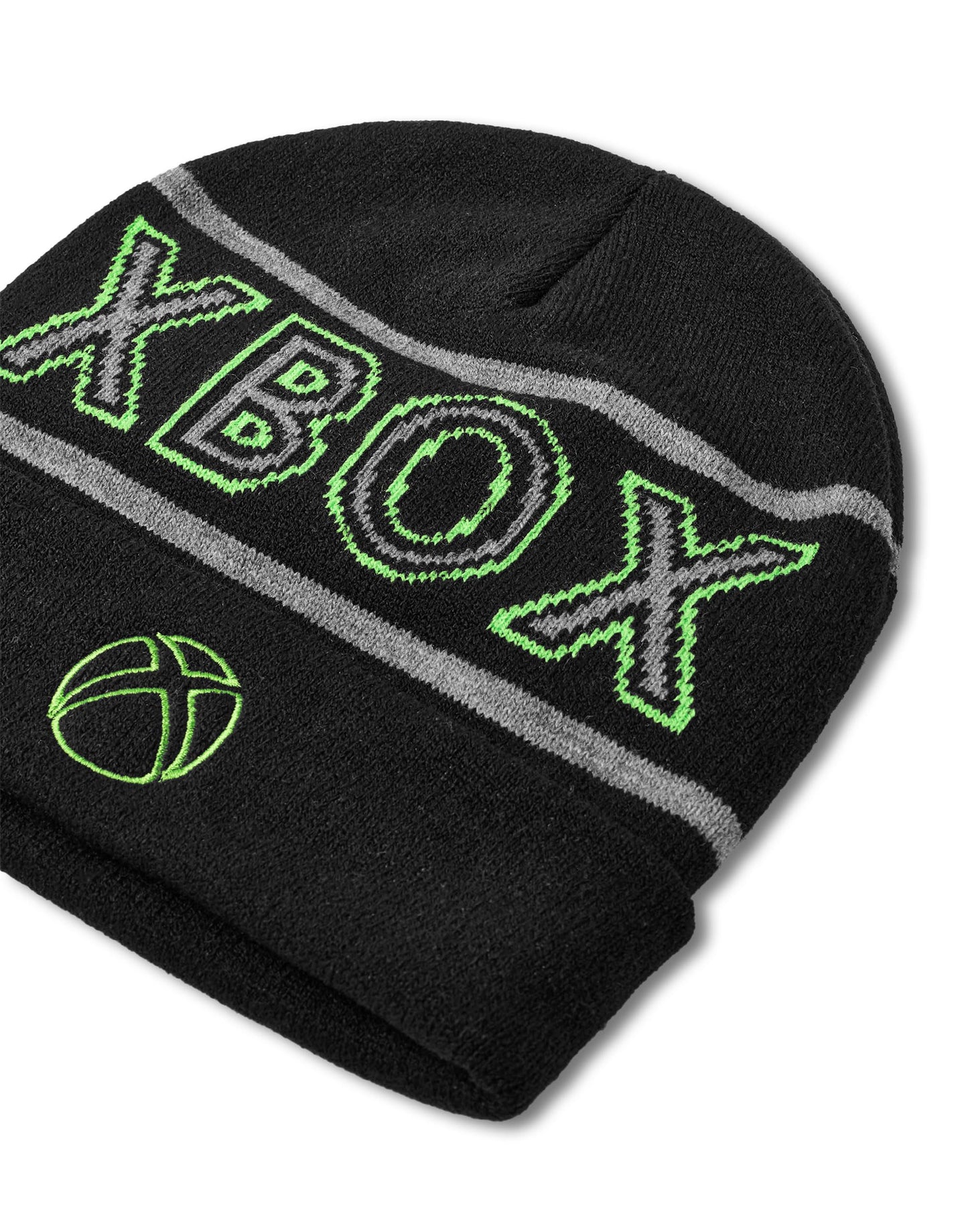 Black Xbox boys beanie hat, knitted winter cap with embroidered Xbox icon, warm cuffed design for kids, gaming-themed winter accessory.