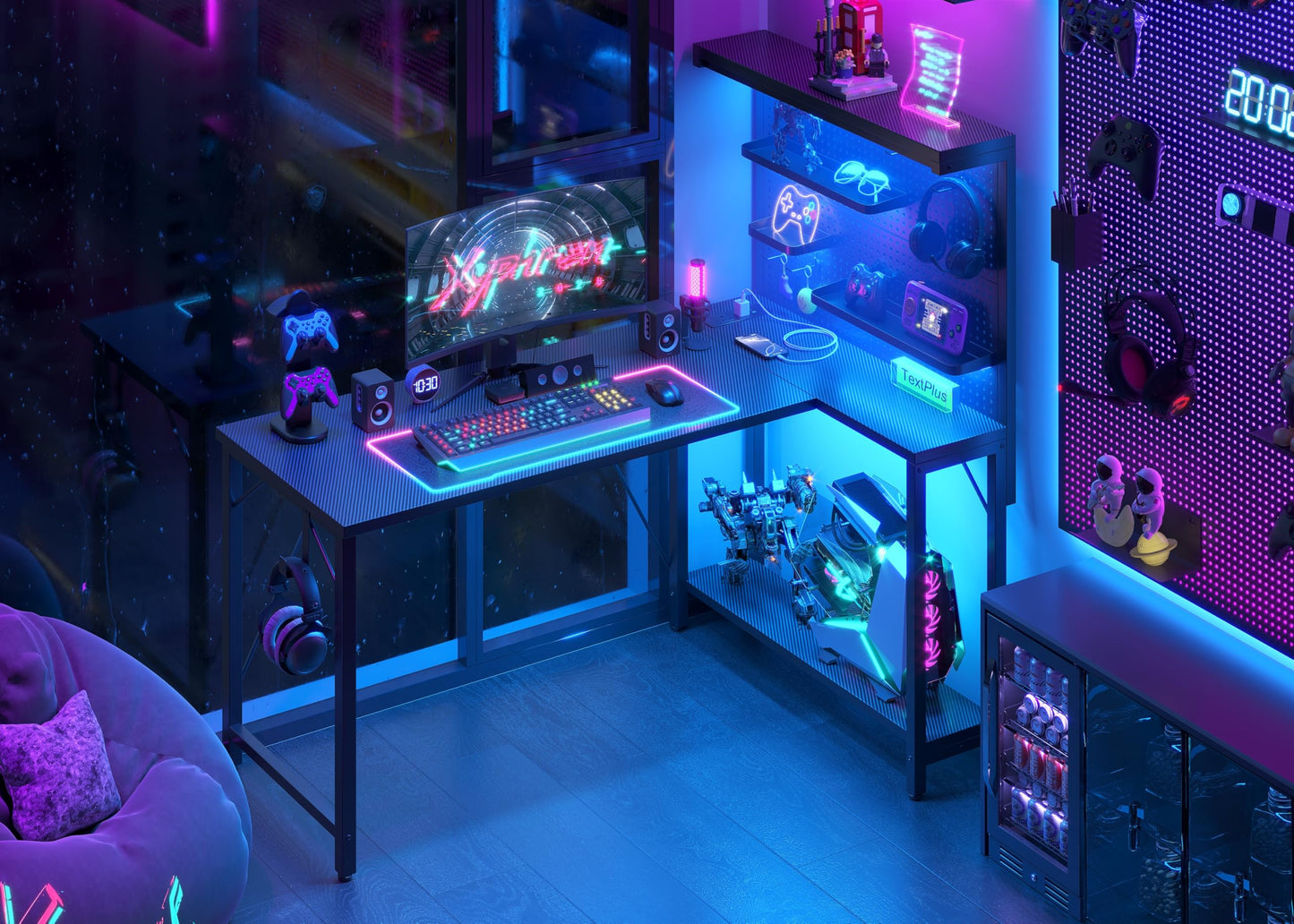 Xyphren 120*80cm L Shaped Gaming Desk with Pegboard Hutch & Shelves, Corner Gaming Desk with Power Outlet, Reversible Computer Desk with 3 Detachable Trays for Home, Bedroom, Office Workspace, Black