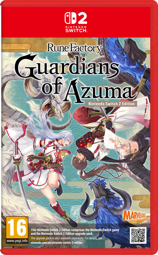 Rune Factory: Guardians of Azuma Switch game by Marvelous Europe, featuring colorful fantasy artwork and game cover on the screen.