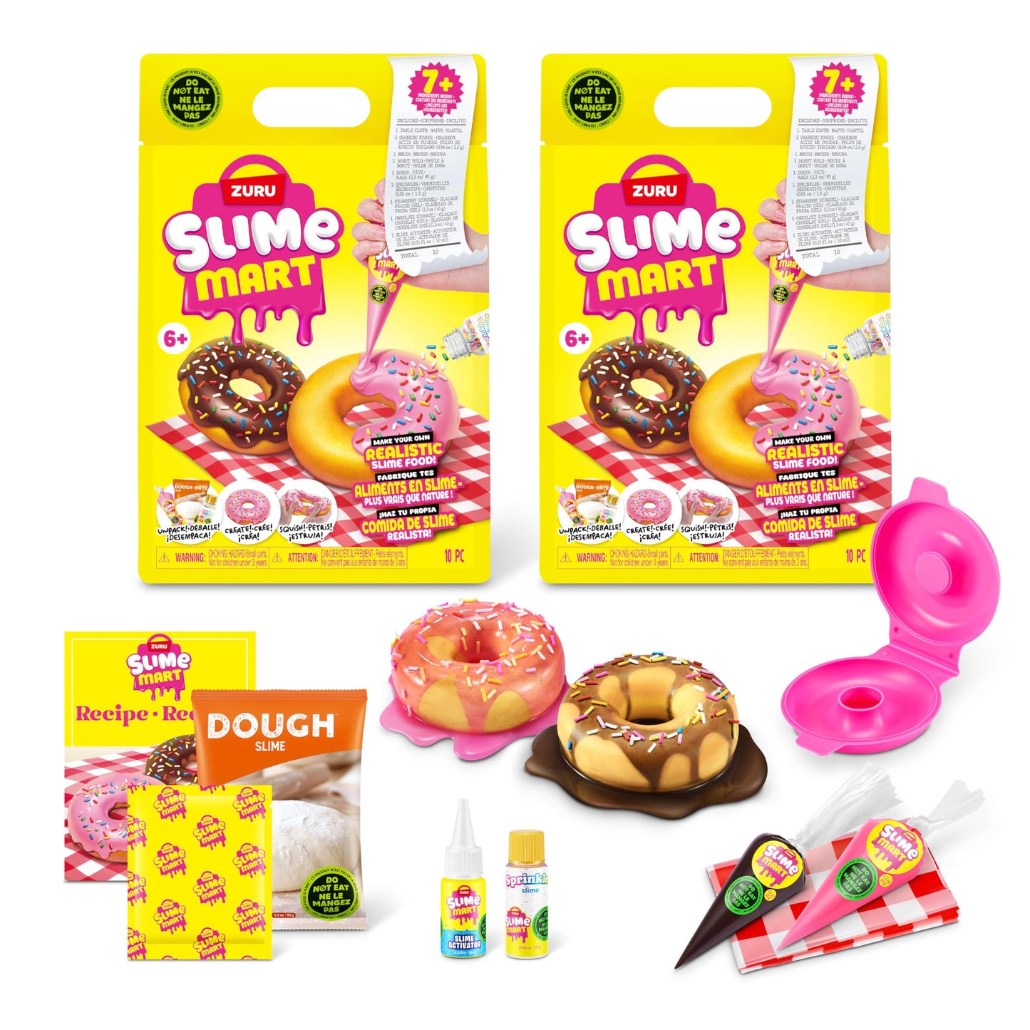 Slime Mart small slime bags in a 2-pack with donut-making tools, colorful soft slime for kids' arts and crafts activities.