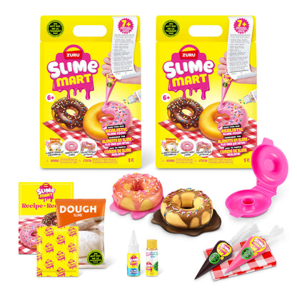 Slime Mart small slime bags in a 2-pack with donut-making tools, colorful soft slime for kids' arts and crafts activities.