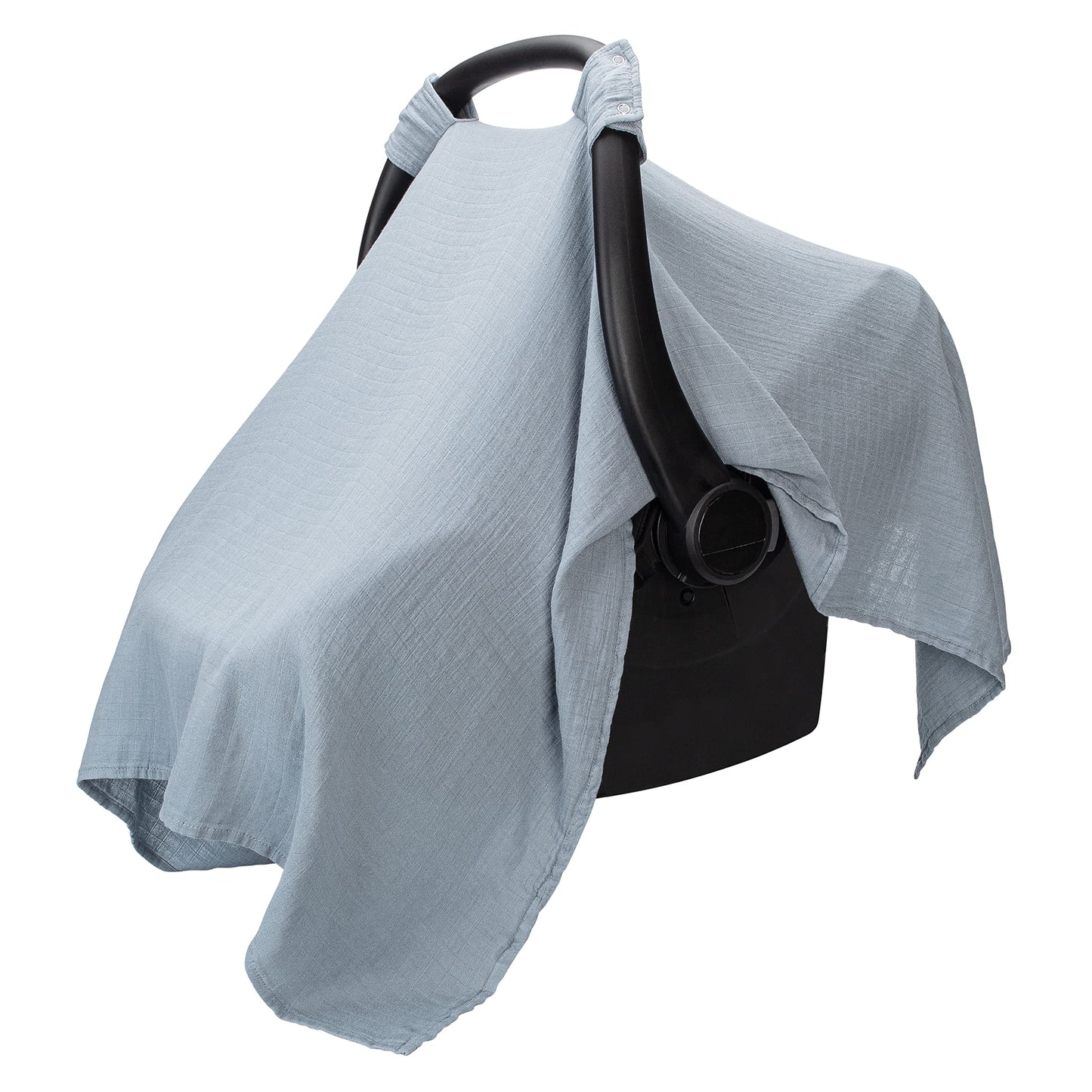 Comfy Cubs Pacific Blue muslin cotton baby car seat cover with sun canopy, soft, breathable, lightweight infant travel essential.