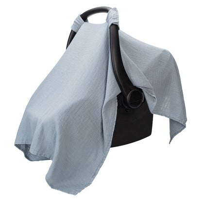 Comfy Cubs Pacific Blue muslin cotton baby car seat cover with sun canopy, soft, breathable, lightweight infant travel essential.