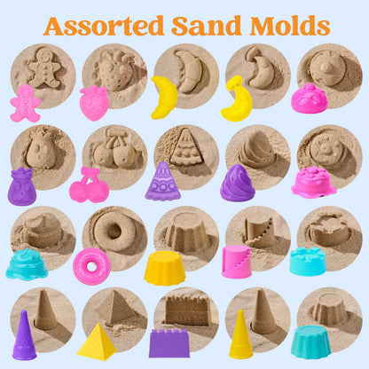 Sloosh Beach Sand Toys Set 24Pcs - Pink Dump Truck Car Toy with Sand Molds, Collapsible Buckets Mesh Bag Shovels Castle Ice Cream Mold for Ages Kids Toddlers Sandbox Toys Gifts Travel Vacation (Foods)