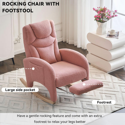 Pink DEKKETO Teddy rocking chair with headrest, footrest, side pocket, ideal for nursing and relaxation in nursery or adult spaces.