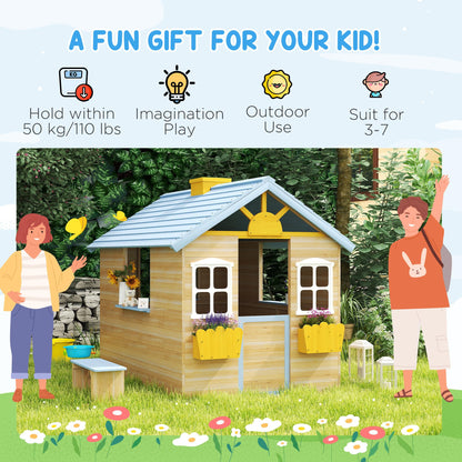 Outsunny wooden kids' playhouse with blue exterior, picnic bench, door, windows, flower pot, and pretend play features for children aged 3-7.