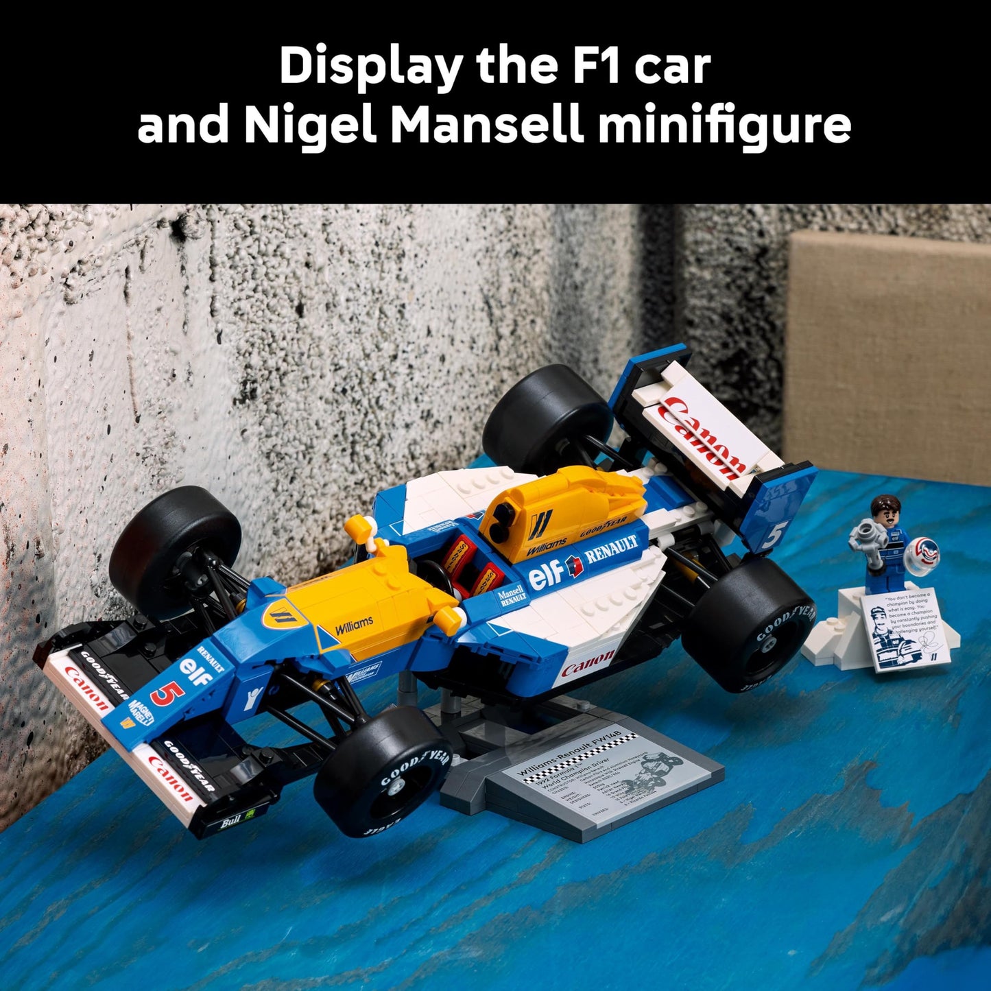 LEGO Icons FW14B F1 car model set with Nigel Mansell minifigure, trophy, and display stand for motorsports fans.