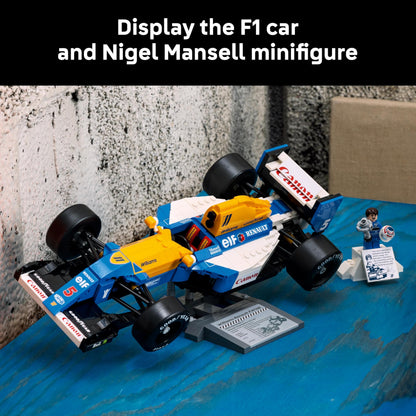LEGO Icons FW14B F1 car model set with Nigel Mansell minifigure, trophy, and display stand for motorsports fans.