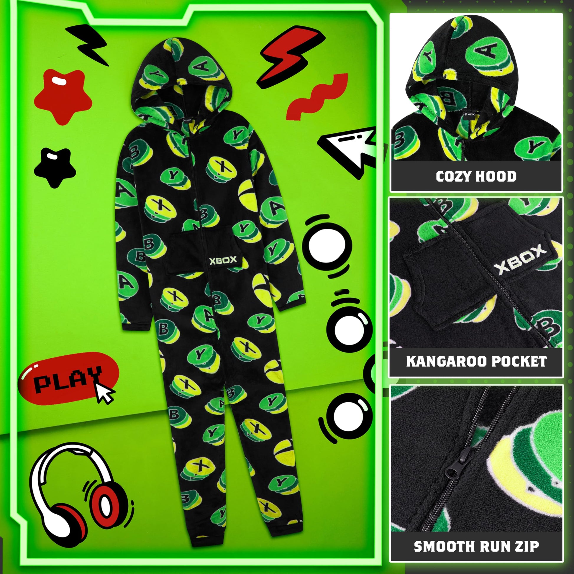 Xbox boys' onesie for teens, black and green fleece hooded jumpsuit featuring gamer-themed loungewear for 11-12 year olds.