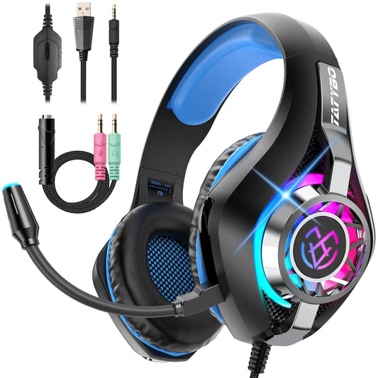 Tatybo gaming headset with noise-canceling microphone, RGB lighting, compatible with PS5, PS4, PC, Xbox, S/X Series, and Switch.