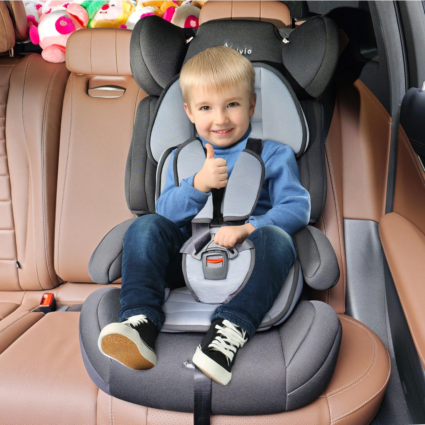 Alivio adjustable toddler car seat with padded soft fabric, 3-layer headrest, recline feature, suitable for children 0-12 years.