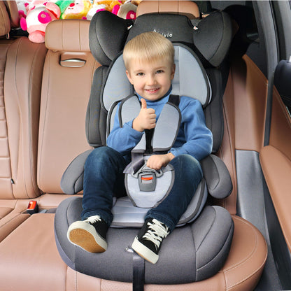 Alivio adjustable toddler car seat with padded soft fabric, 3-layer headrest, recline feature, suitable for children 0-12 years.