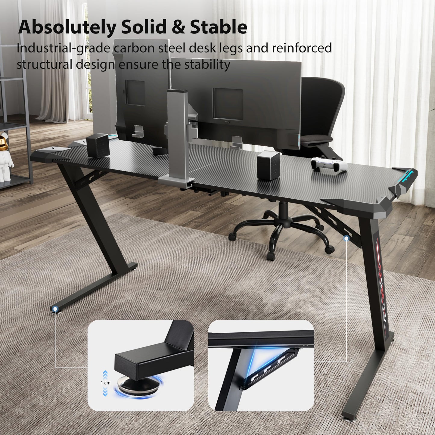 EUREKA ERGONOMIC Gaming Desk with Led Lights 156×64cm Large RGB Ergonomic Gaming Computer Desk for Home Office Work Study Writing with Mouse Pad, Easy to Assemble, Carbon Fiber Black