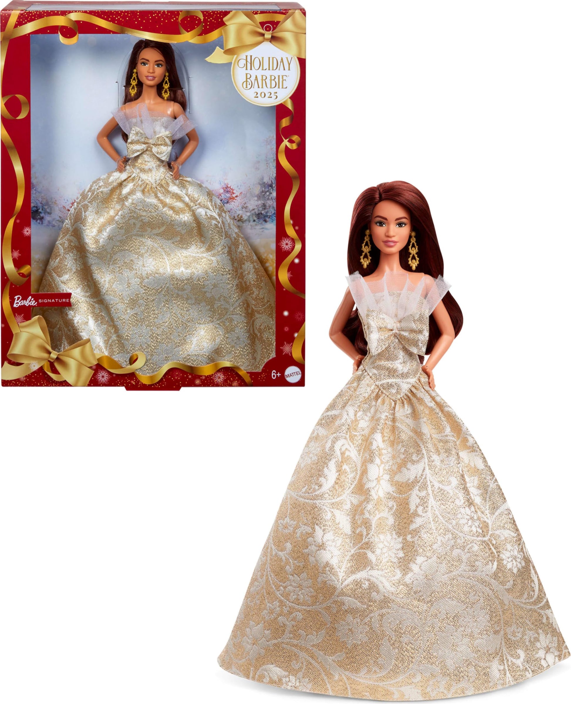 Barbie Signature 2025 Holiday fashion doll with dark brown hair in a silver and gold gown, displayed in collectible packaging.