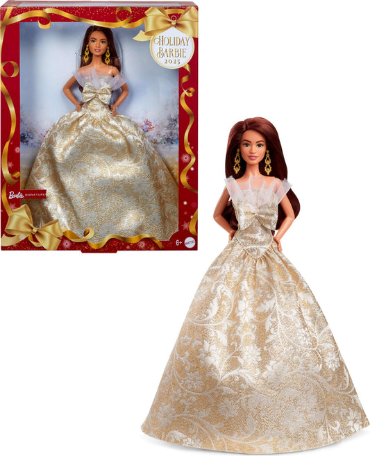 Barbie Signature 2025 Holiday doll with dark brown hair in a silver and gold gown, displayed in collector packaging.