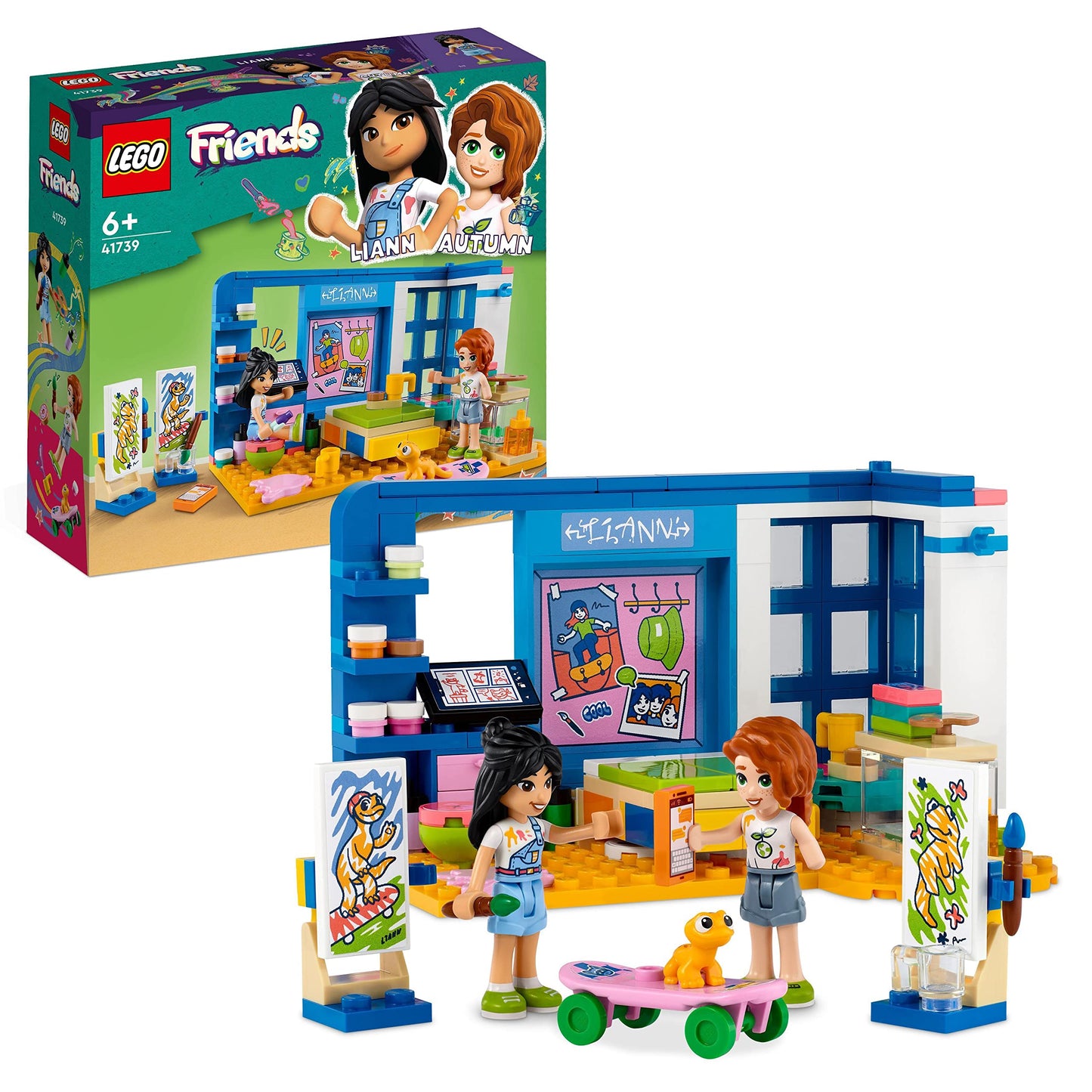 LEGO Friends Liann's Room playset featuring Liann and Autumn mini-dolls with a pet gecko in a colorful art-themed bedroom.