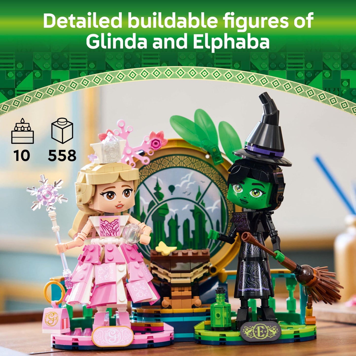 LEGO Wicked Elphaba & Glinda Figures - Play and Display Toy with Accessories incl. a Broom, Crown & Purse plus a Window Scene - Gift for 10+ Year Old Girls & Movie Fans - 75682