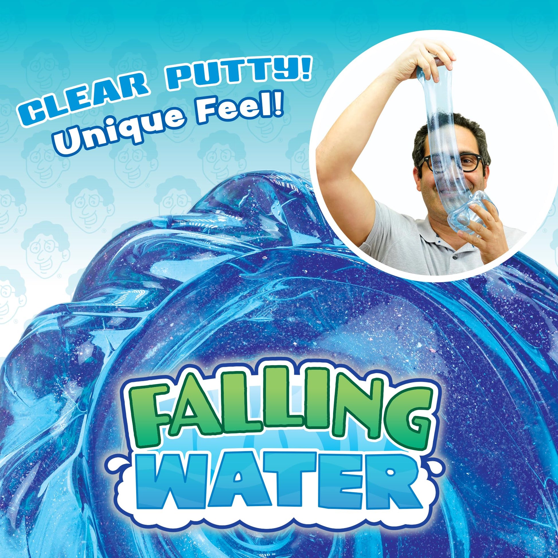 Crazy Aaron's Liquid Glass Thinking Putty Falling Water in crystal clear blue, showing the glossy, moldable, and stretchy putty.