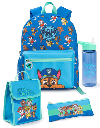 Paw Patrol Boys and Girls Backpack Set | Kids 4 Piece Blue & Green Rucksack Bundle with School Bag, Pencil Case, Lunch Bag & Water Bottle | Chase Dog Crew Graphic Matching Set | Back to School