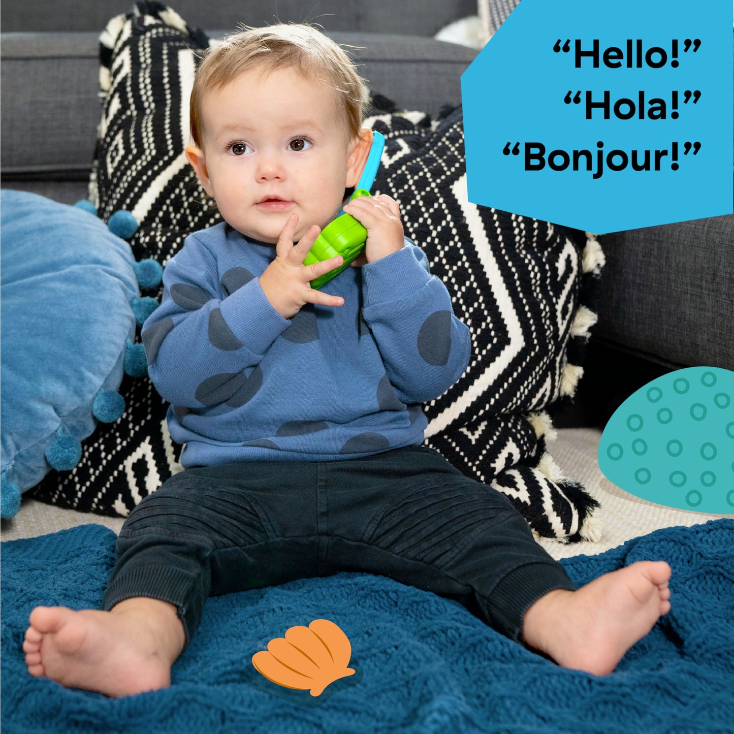 Baby Einstein Ocean Explorers shell-shaped musical toy phone for babies aged 6 months and up, featuring colorful ocean-themed design.