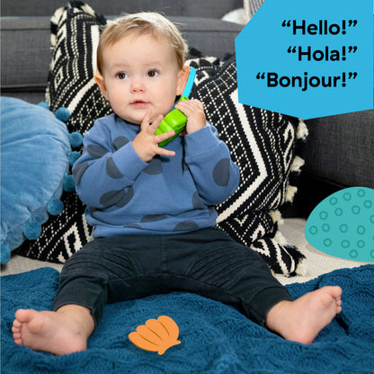 Baby Einstein Ocean Explorers shell-shaped musical toy phone for babies aged 6 months and up, featuring colorful ocean-themed design.