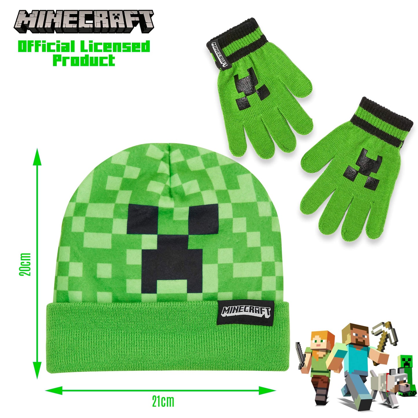 Minecraft Beanie or Winter Accessories Set | 3 Pcs with Scarf & Gloves | 2 Pcs with Gloves | or 1 Pcs Beanie or Bucket Hat (6-14 Years, Green Hat & Gloves)