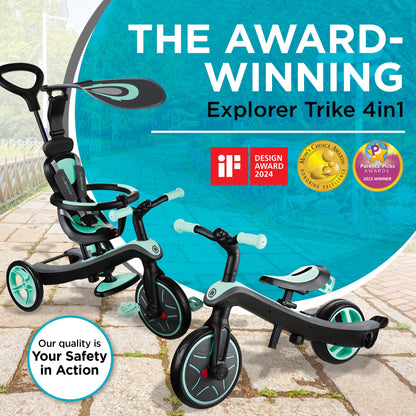 Globber Baby’s Explorer Trike, Premium 4 in 1 Trike System (10mnths-5yrs) with 5 Point Safety Harness, Removable Bar and Adjustable Padded Seat, Sun Canopy, EVA Comfort Wheels, Adaptable Parent Handle
