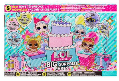 L.O.L. Surprise! Big Surprise Party - 4 Collectible Dolls, 40+ Surprises, 5 Unboxing Experiences, Fashions, Sand, Gel Crush, Shell Smash, Fluff, Party Confetti, Present for Girls Ages 4+