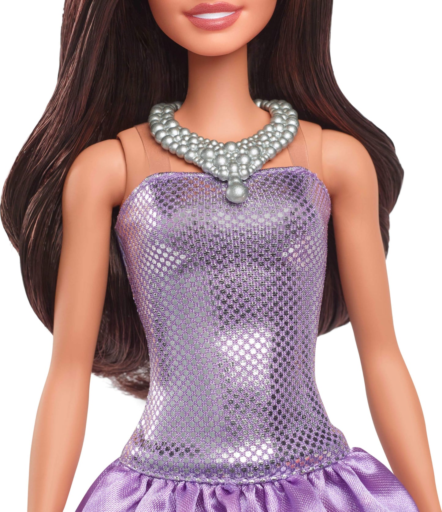 Barbie Fashionistas Doll #234 with brown hair in a sequined purple bubble dress, silvery necklace, and heels.